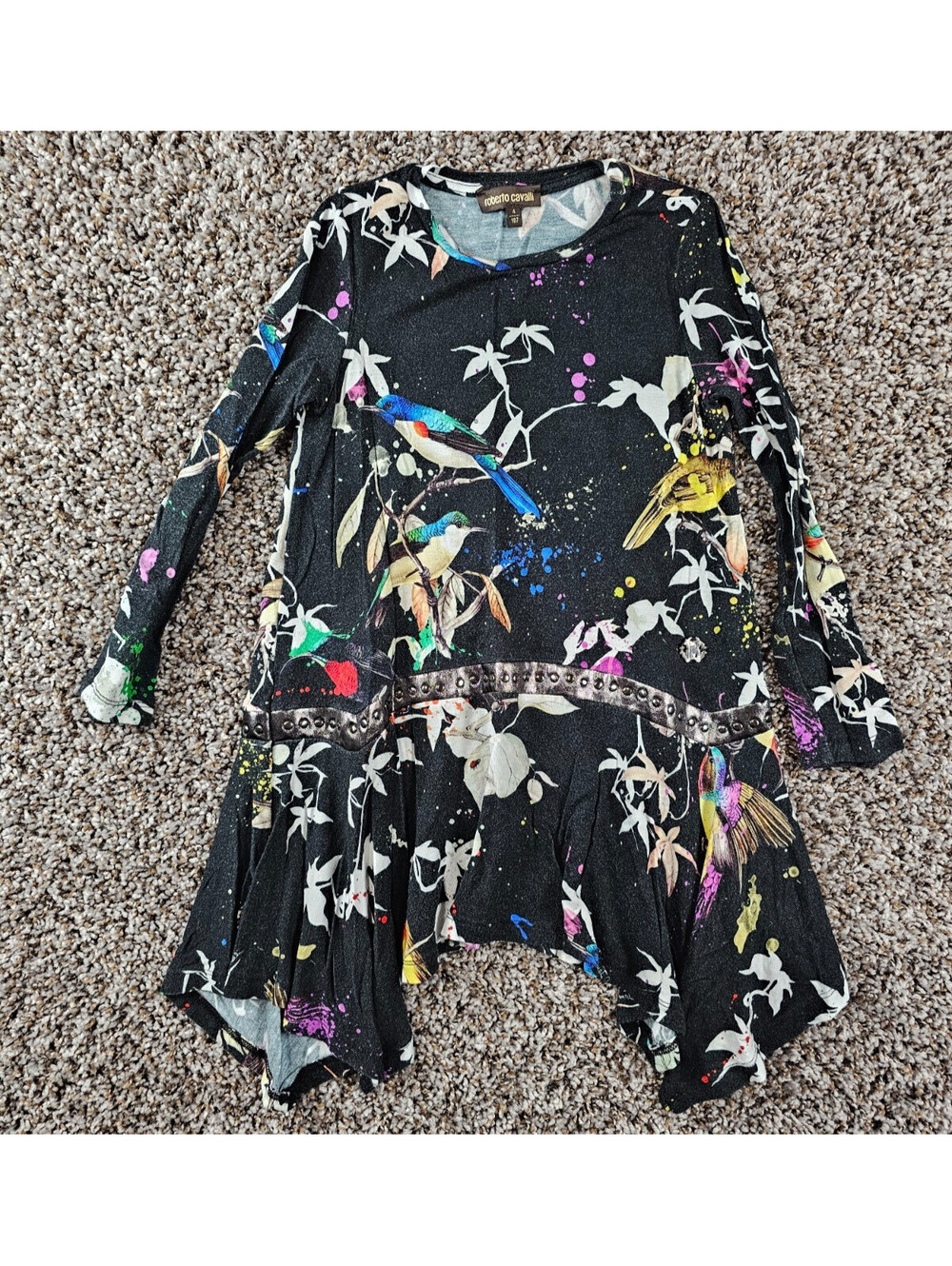 Roberto Cavalli Girls Sz 4 Long Sleeve Tunic Dress Black Floral Bird Print Vtg